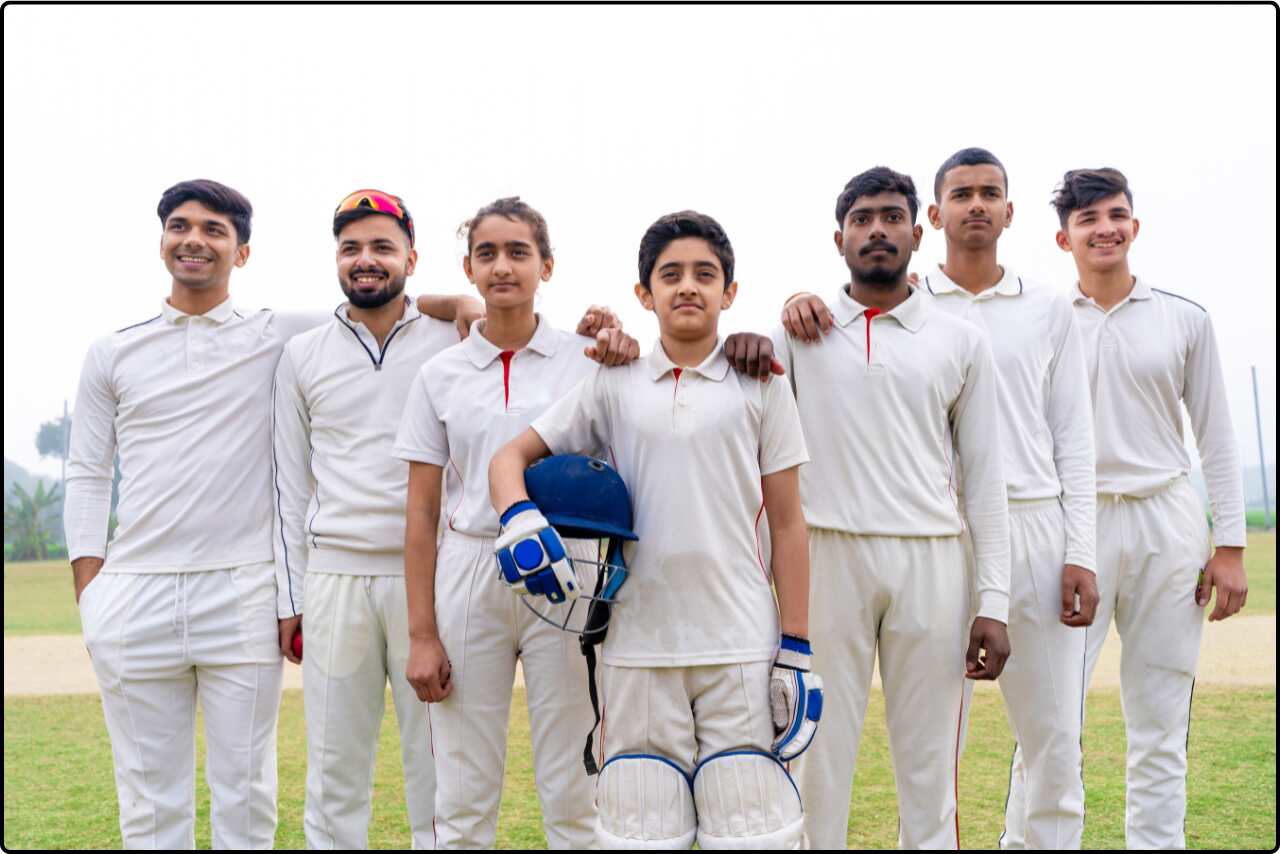 Cricket team posing together for a group portrait.